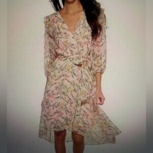 Tommy Hilfiger Floral 3/4 Balloon Sleeve Faux Wrap Dress Womens 14 pink Multi